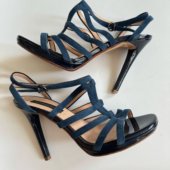 Bacta Dei Toi Made In Italy Mixed Leather 4.5” Heel Navy Sandals Size 37 6.5 - Picture 3 of 9